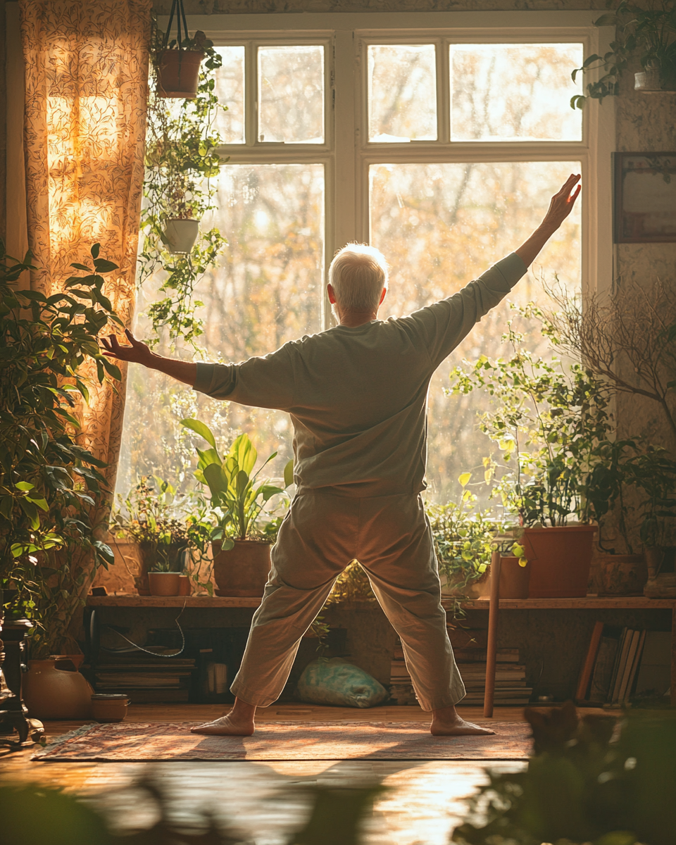 Ältere Menschen beim sanften Yoga in harmonischer Atmosphäre